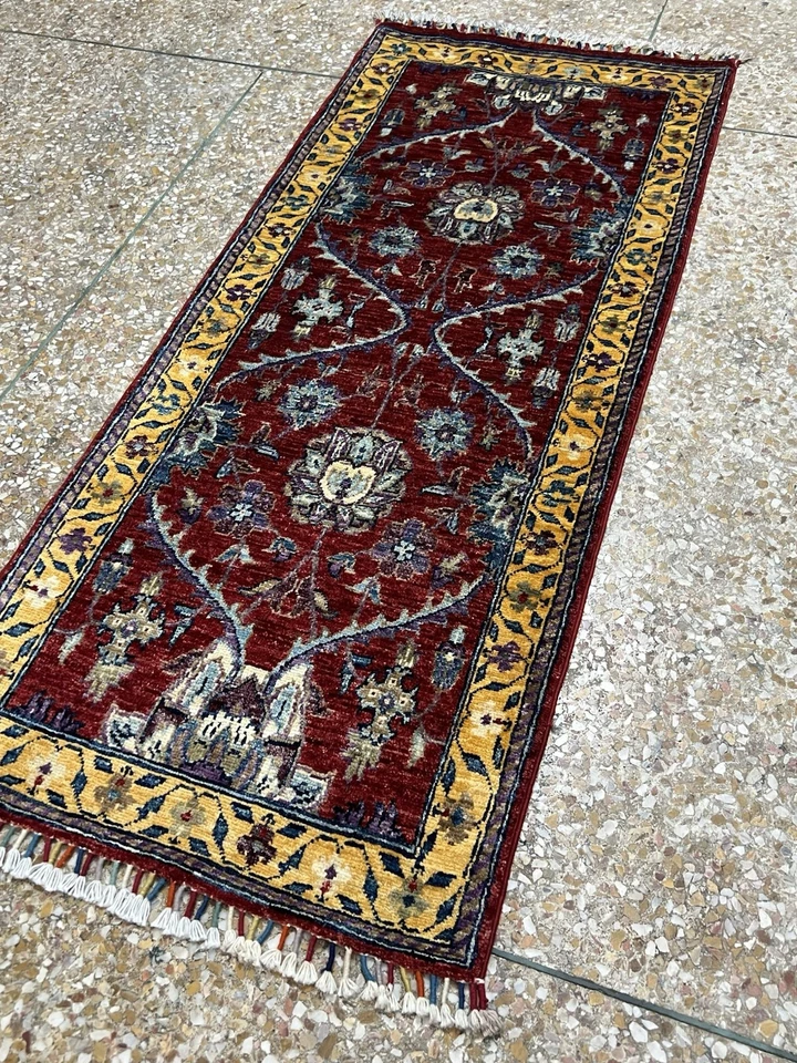 Afgana “Alfombra Floral Roja Chobi Runner” con Borde Amarillo (4,8x2 pies) Hecha a Mano. Foto 2 de 4