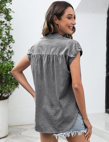 Summer Ladies Checked Buttons Up Casual Shirts Collar Loose Blouse Top Size 6-20 - Picture 19 of 23