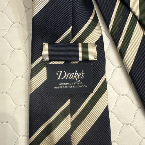 Drake's London Tie Sill Navy Blue Green Stripe Repp 3.25” X 60” England - Picture 3 of 4
