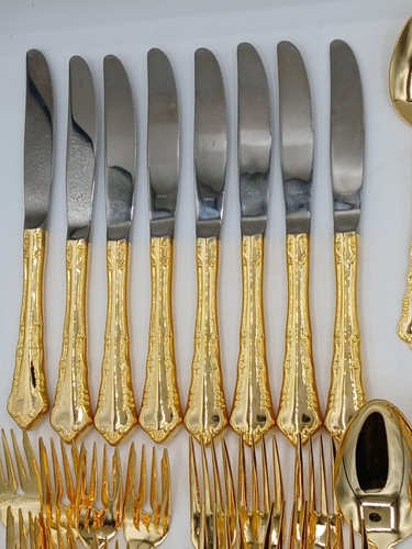 1847 Rogers Bros E.P. Korea Gold Tone Silverware Fork Spoon with box 54 Pieces - Picture 4 of 14