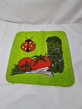 Vintage Cannon Cotton Wash Cloth Dish Towel Green With Ladybug Veggies Kitchen