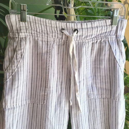 Athleta Bali Linen Cropped Pants Size 2 Pull On White W/ Navy Stripe Summer Crop