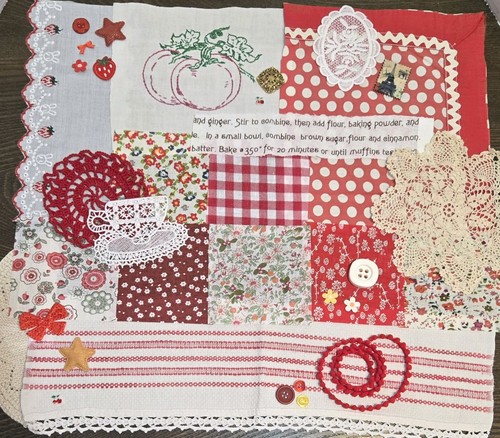 Slow Stitch Sewing Kit Red Retro Fabric Embroidery Lace Trim Buttons Doily