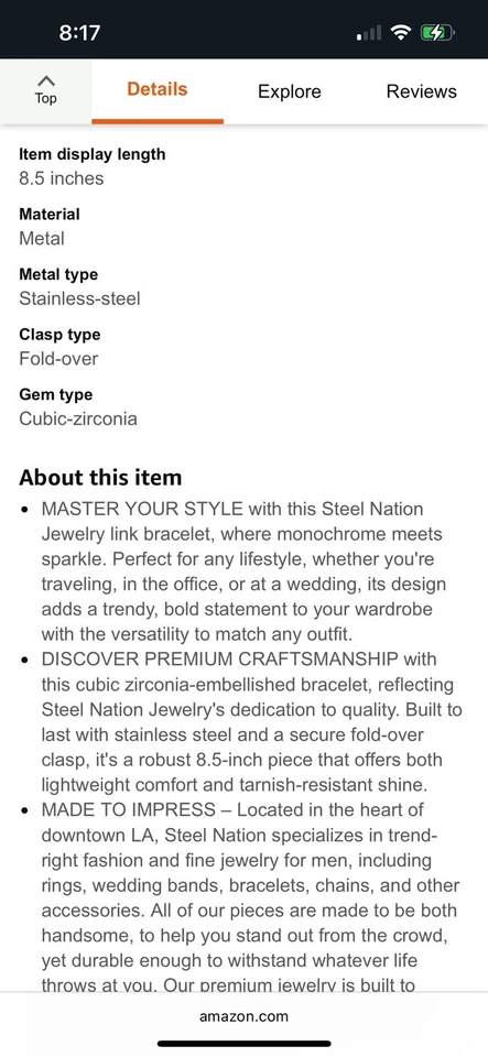 Мужской браслет из нержавеющей стали 8,5 дюйма черно-белый кубический цирконий звено - монох - Изображение 4 из 4