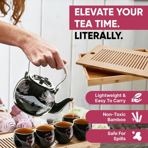 Traditional Japanese Tea Set - Ceramic Tea Set with Teapot, 6 Tea Cups, 1 Bam... - Picture 5 of 6