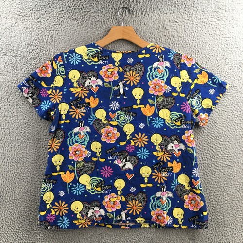 Looney Tunes Scrub Tops Womens Large Blue TWEETY SILVESTER Vneck Short Sleeves - Picture 9 of 14