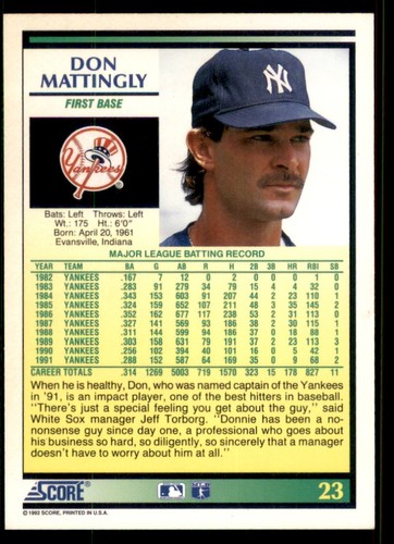 1992 Score #23 Don Mattingly - Bild 2 von 2