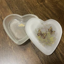 Vintage VIKING Mid Century Modern Heart Frosted Glass Trinket Box Butterflies 