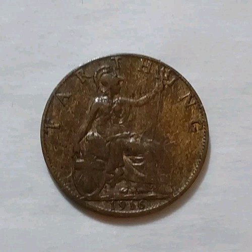 1916 Great Britain UK 1 Farthing Bronze Coin-Glossy Brown KM# 808.1 Free Post - Picture 2 of 3