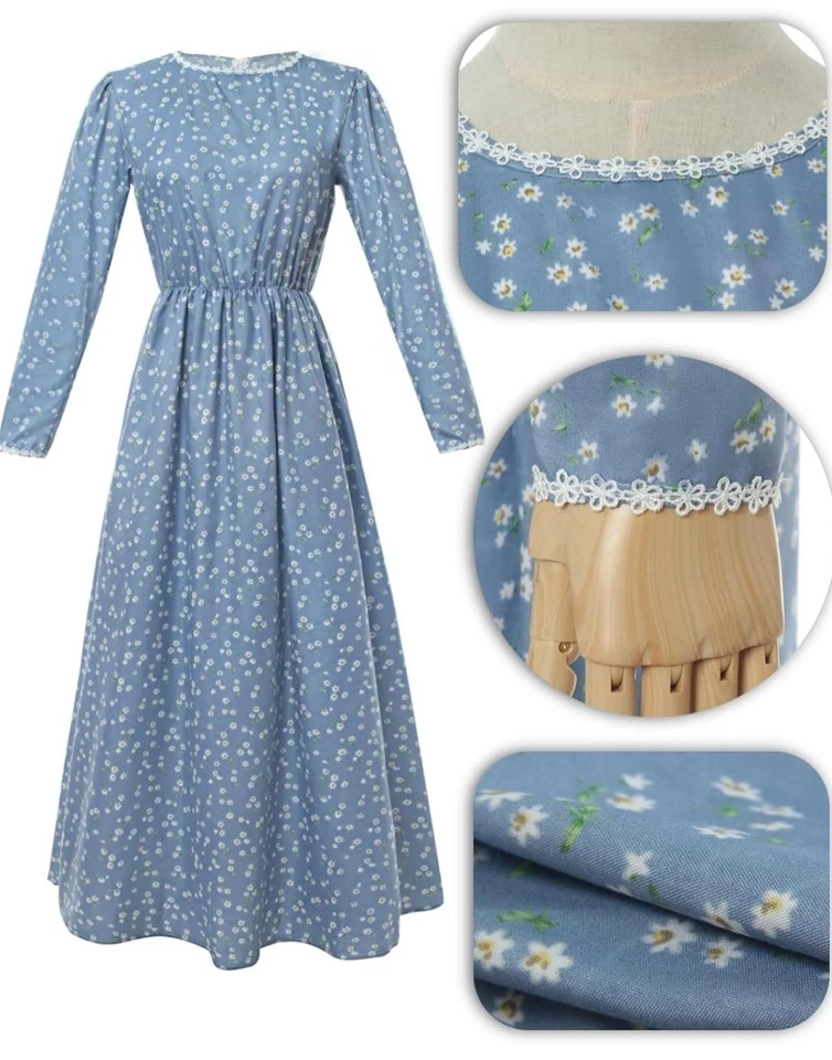 Women Pioneer Costume Floral Dress With Apron & Hat Old Fashioned ( S ) (Blue) - Image 2 of 4