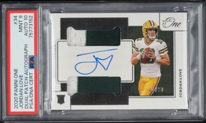 NFL Packers QB 2020 Panini One Jordan Love Rookie Dual Patch Auto #42/99 Mint 9