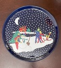 Vintage Blue LILLIAN VERNON 11 1/4" Christmas Platter Snowman Family Pine Trees