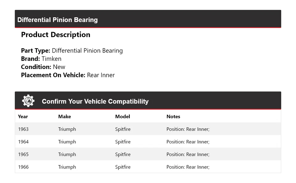 Para 1963-1966 Triumph Spitfire rolamento de pinhão diferencial traseiro interno Timken - Imagem 2 de 4