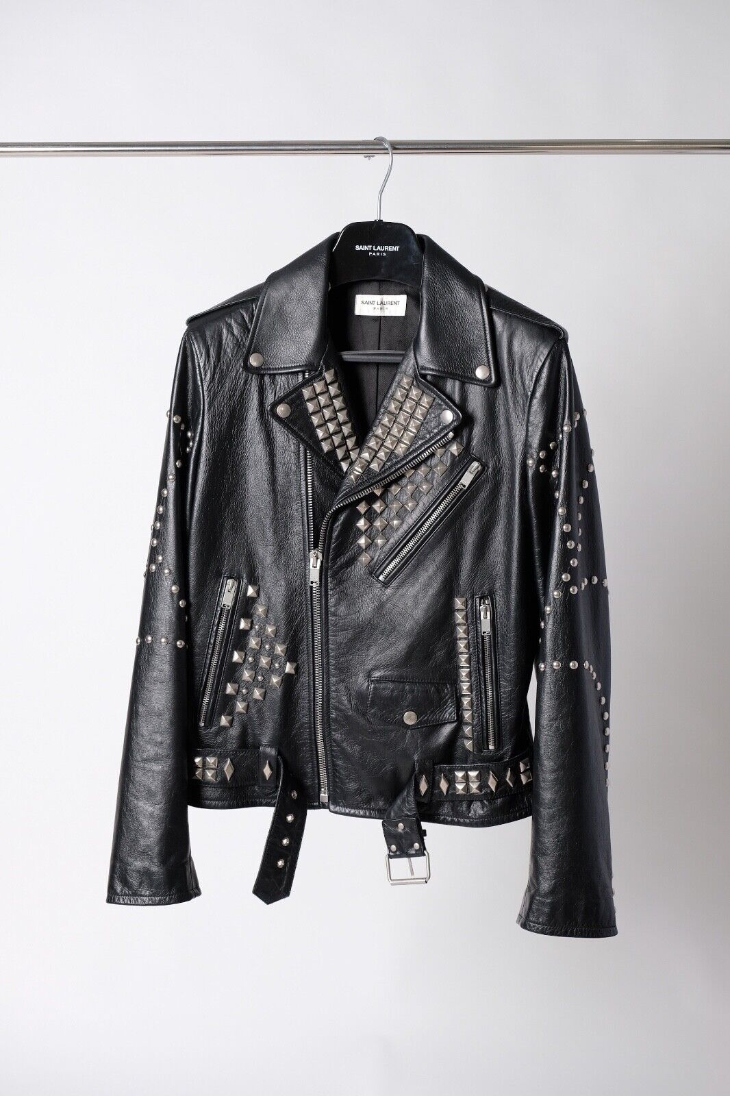 FW16 Saint Laurent Paris Studded Black Leather Biker Jacket Hedi Slimane Sz 46