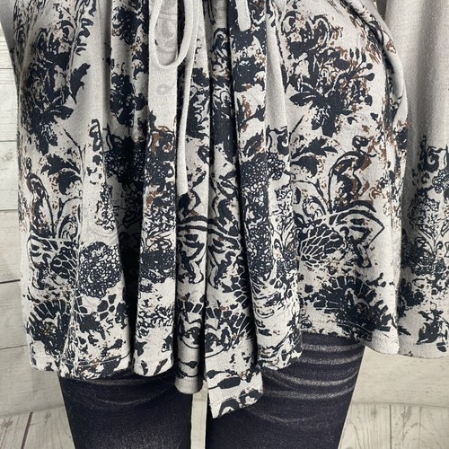 Sharagano Studio Cardigan Sweater Large Gray Black Floral Tie Front Thin Knit - Picture 8 of 12