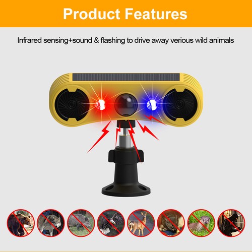 Solar Motion Sensor Alarm Ultrasonic 130db Loud Noise Maker LED Animal Repeller - Foto 11 di 24