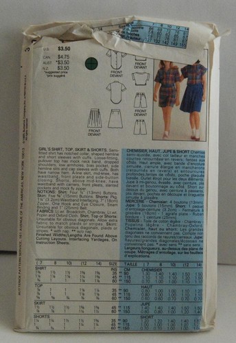Camicia vintage Butterick Pattern #3199, top, gonna e pantaloncini per ragazza taglia 7-8-10 non tagliati - Foto 3 di 3