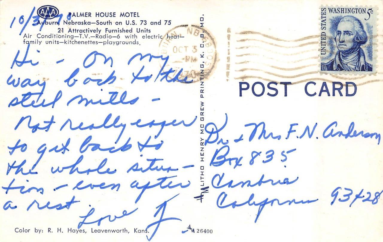 AUBURN, NE Nebraska PALMER HOUSE MOTEL Roadside NEMAHA CO Chrome