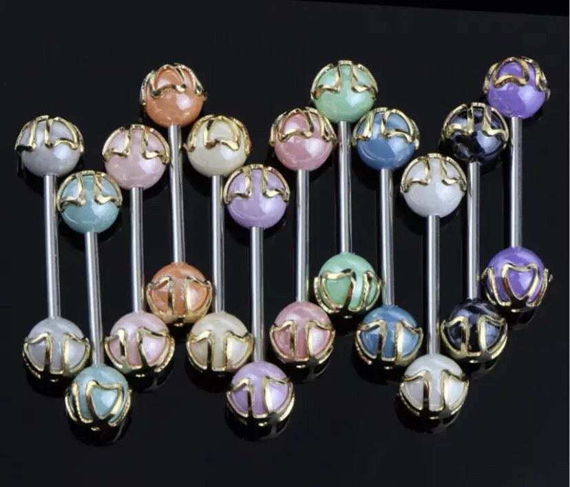 (2 PACK) 14G Anillo Lengua Acero Quirúrgico Barra Piercing Único Acento Dorado Foto 2 de 4