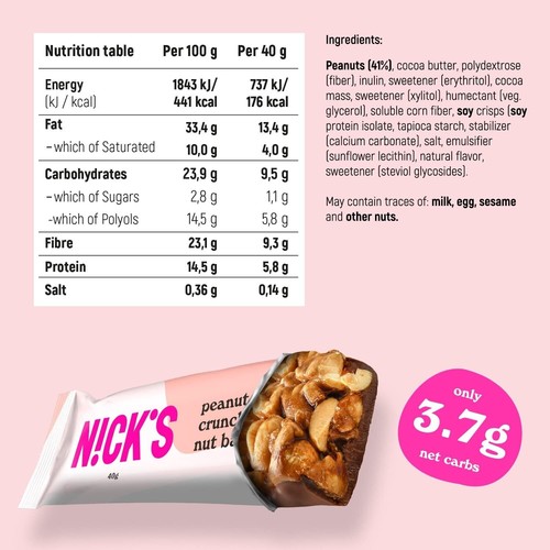 NICKS Nut Bar Peanut crunch, Vegan Chocolate Keto Snack 3.7 Net Carbs, 176 Calo - Picture 7 of 20
