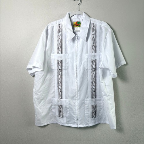 Haband Guayabera Shirt Vintage Size XL White Brown Embroidered Full Zip Cuban