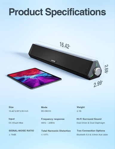Computer Speakers Bluetooth Soundbar HiFi Stereo 3.5mm Aux-in Connection USB ... - 第 8/8 張圖片
