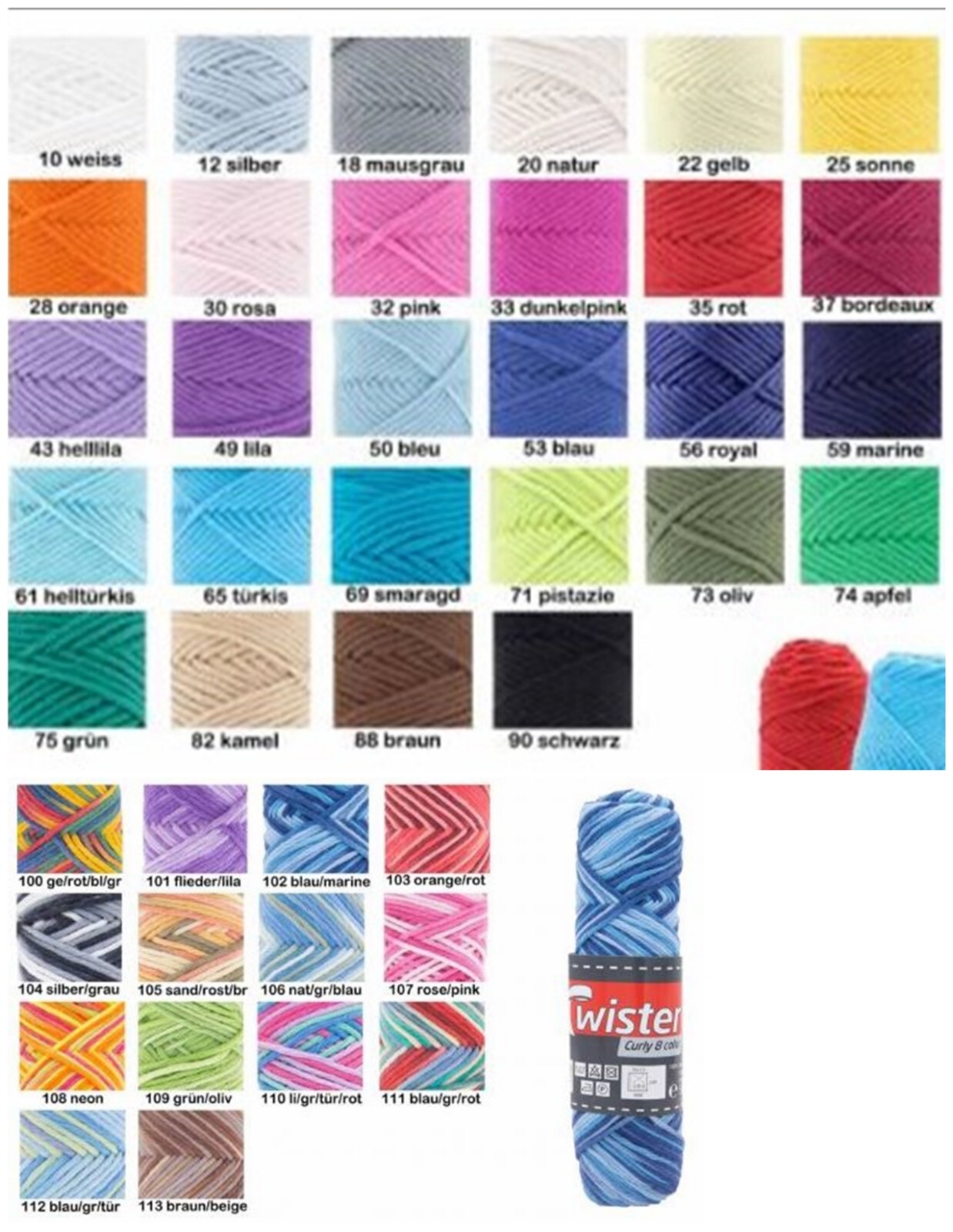 50gr TWISTER CURLY 8 uni / color Baumwolle Topflappengarn Schulgarn ABVERKAUF!!!