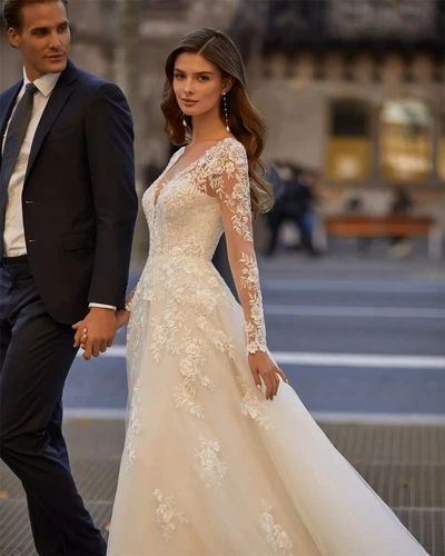 Elegant A-Line Wedding Dresses V-Neck Long Sleeves Lace Appliques Bridal Gowns - Picture 3 of 8