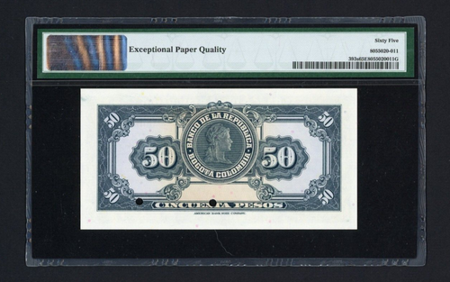 COLOMBIA Specimen Banknote P393s , 1951 , 50 Peses Oro , PMG 65 EPQ ABNC - Picture 2 of 2