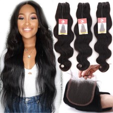 Wavy 3Bundles with Lace Closure 8A Virgin Human Hair Extensions Weave Weft THICK