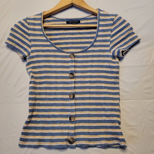American Eagle Ribbed Blue White Yellow Striped Button Top Size XS - Picture 2 of 12