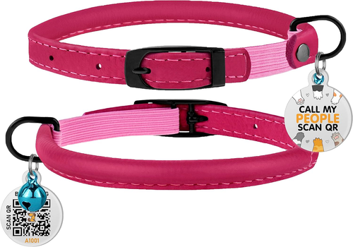 Cat Collar with Bell Kitten Rolled Leather Collars Safety QR ID Name Tag (Pink B - Picture 6 of 6