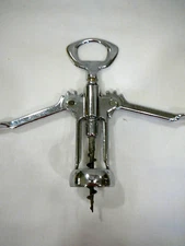 Vtg Italian Polished Chrome Wine Bottle Winged Corkscrew-Sleek Style-Easy to Use