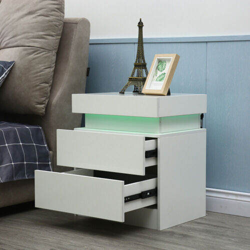 LED Nightstand with 2 Drawers High Gloss Bedside Table Modern End Table Home New