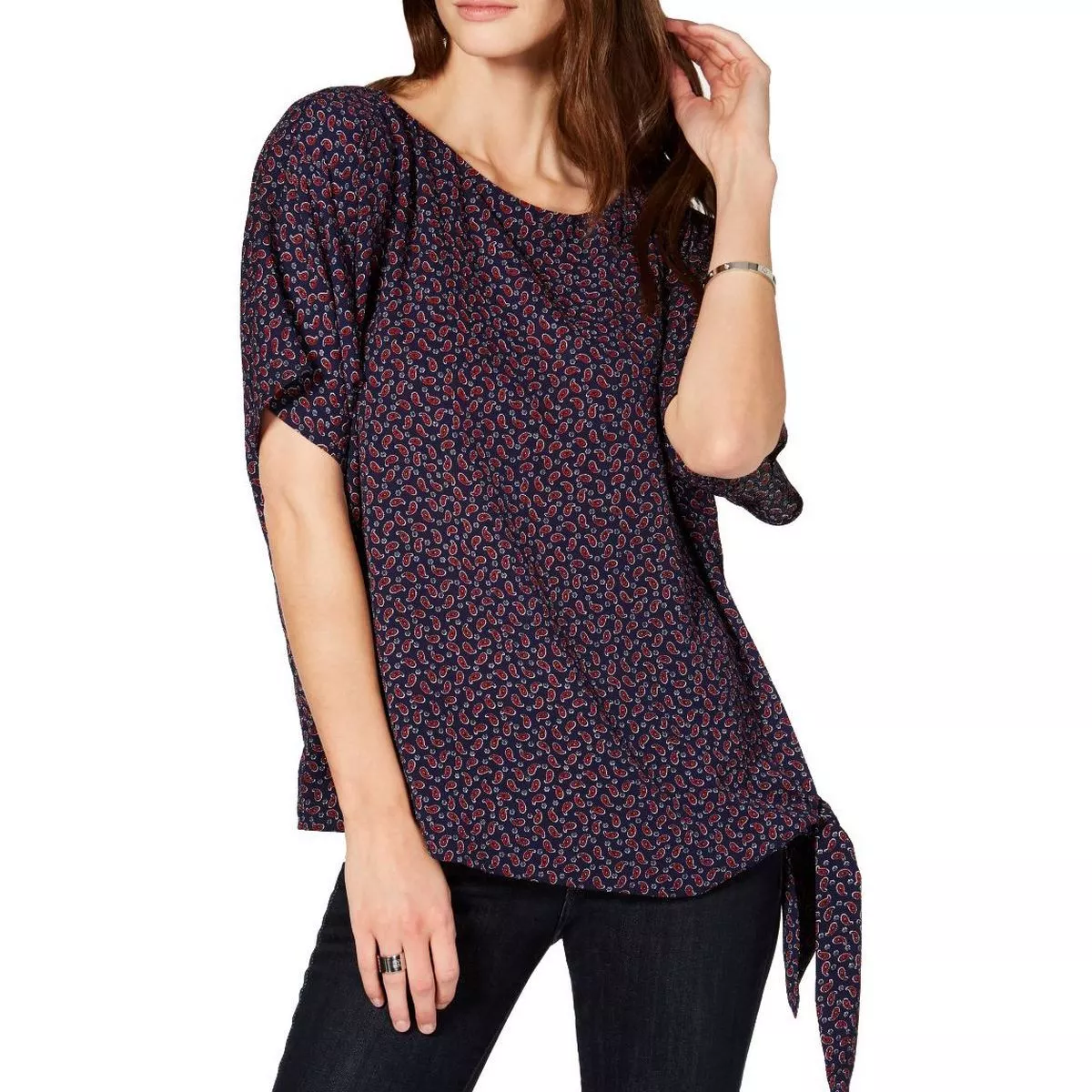MICHAEL KORS NEW Women s Navy scarlet Printed Side tie Blouse Shirt Top XXS TEDO