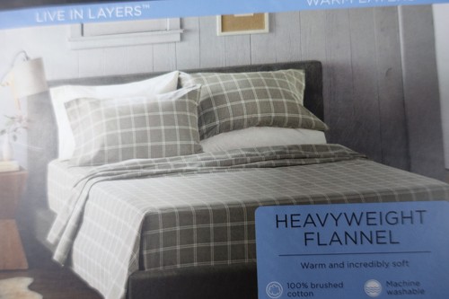 Cuddl Duds Heavyweight Flannel Full Sheet Set Gray Ivory Plaid Brushed Cotton - Picture 7 of 8