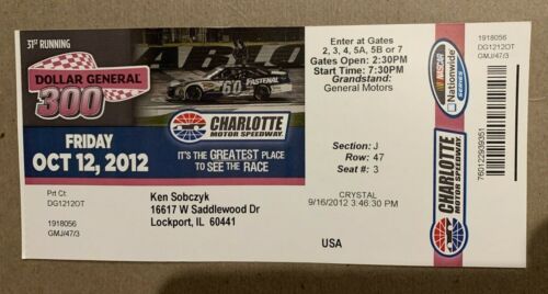 NASCAR Dollar General 300 Ticket Charlotte 10/12/12