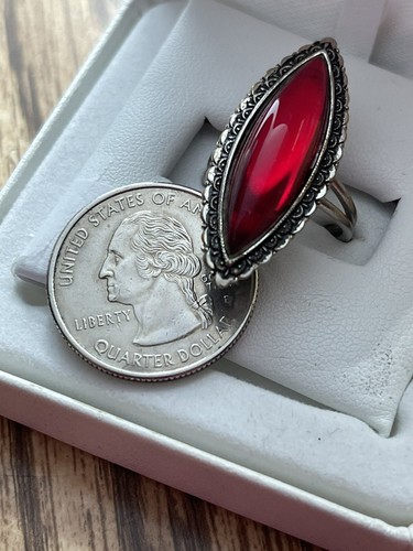 Vintage Mid Century Ring rot Navette Glas Cabochon antik silberfarben filigran - Bild 5 von 14