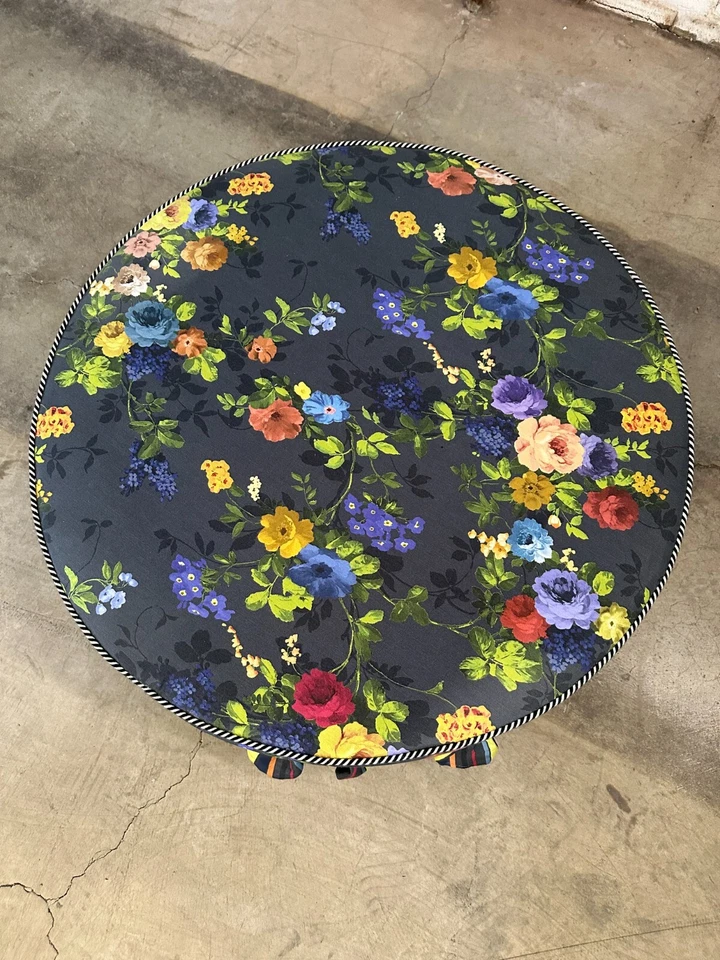 Mackenzie Childs Floral Print 37" Round Ottoman With Striped Skirt and Piping - Image 2 of 4