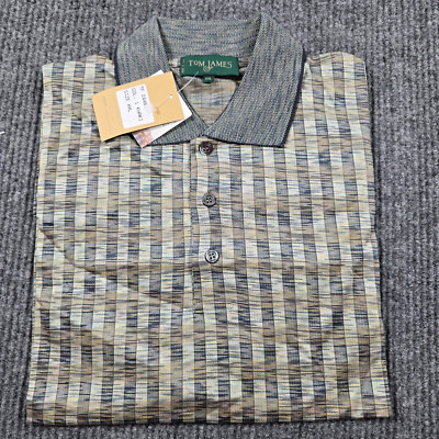 Vintage Tom James Shirt Mens XXL Plaid Geometric Mercerized Cotton Polo NOS NEW