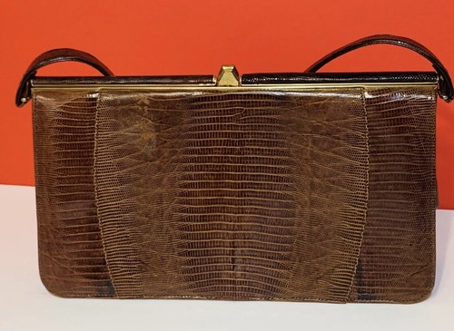 Vintage echt Eidechsenhaut braun Druckknopfverschluss Handtasche 1960er Sterling USA - Bild 5 von 13