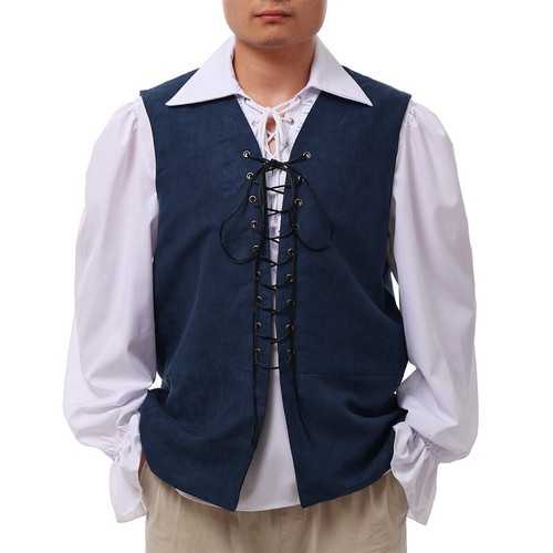 Medieval Mens Vest Pirate Vest Viking Renaissance Reversible Waistcoat Lace-Up - Picture 17 of 41