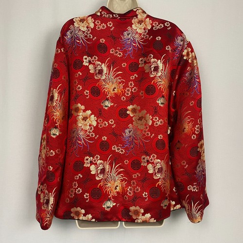 Chicos 3 Silk Jacket Red Asian Floral Frog Closure Mandarin Collar Artsy XL 1X - Picture 5 of 12