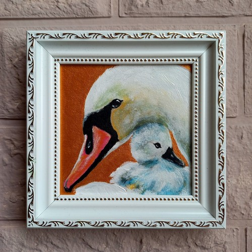 Pintura original de cisne bebé enmarcada en oro arte cisnes blancos obras de arte familiares - Imagen 13 de 15
