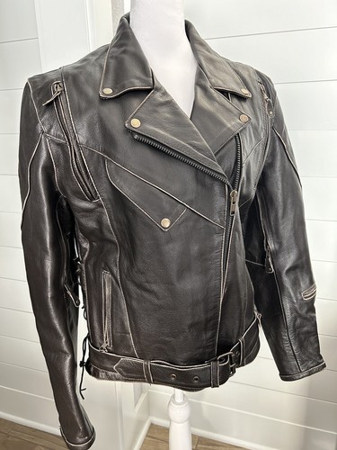 VTG X Element Traditional Slant Zipper Leather Motorcycle Jacket Zip-Out Liner L - Picture 6 of 19