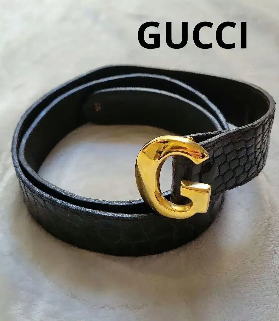 Ceinture homme GUCCI motif croco logo boucle marron foncé x quincaillerie dorée occasion