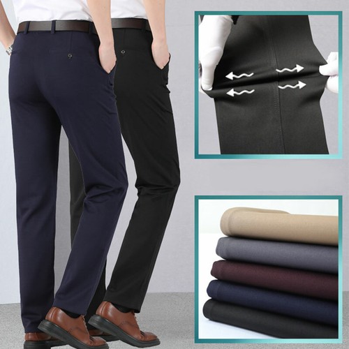 Pantalones chinos ajustados ajustados elásticos informales delanteros planos flexibles pantalones completos traje pantalón - Imagen 2 de 17