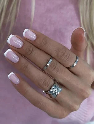 24x Short Square False Nails French Manicure Fake Tips Press On Full Cover Nails