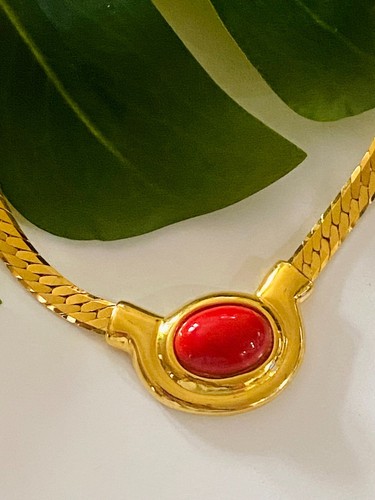 Vintage Stamped Napier Gold Tone Herringbone Chain Red Center 16” - Picture 5 of 9