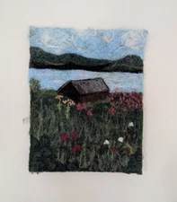Landscape wall art felt textile fiber wool painting needle felting folk cabin